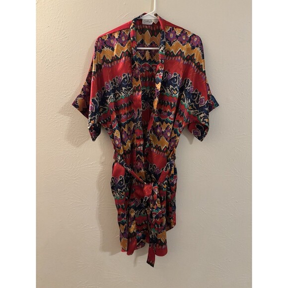 Vintage Size S/M Kathryn Short Red Robe Kimono Wrap Satin Retro Funky Disco - Picture 1 of 8